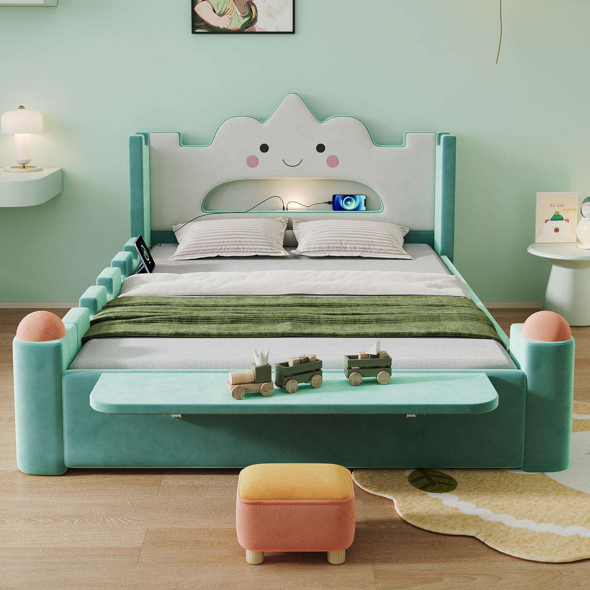 KINDERBETT 140/200 cm in Blaugrün mit Schublade, USB und klappbarer Ablage Samt - Türkis, Holzwerkstoff/Textil (140/200cm) - CHICFURN