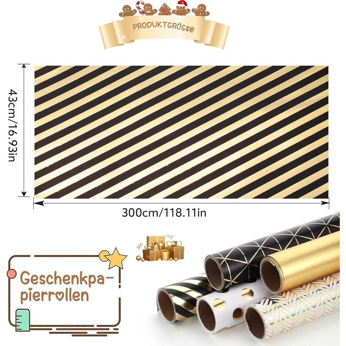 GESCHENKPAPIER Set 5 Rollen Schwarz Gold 43 cm x 3 m - Multicolor, Papier (43/43/300cm)