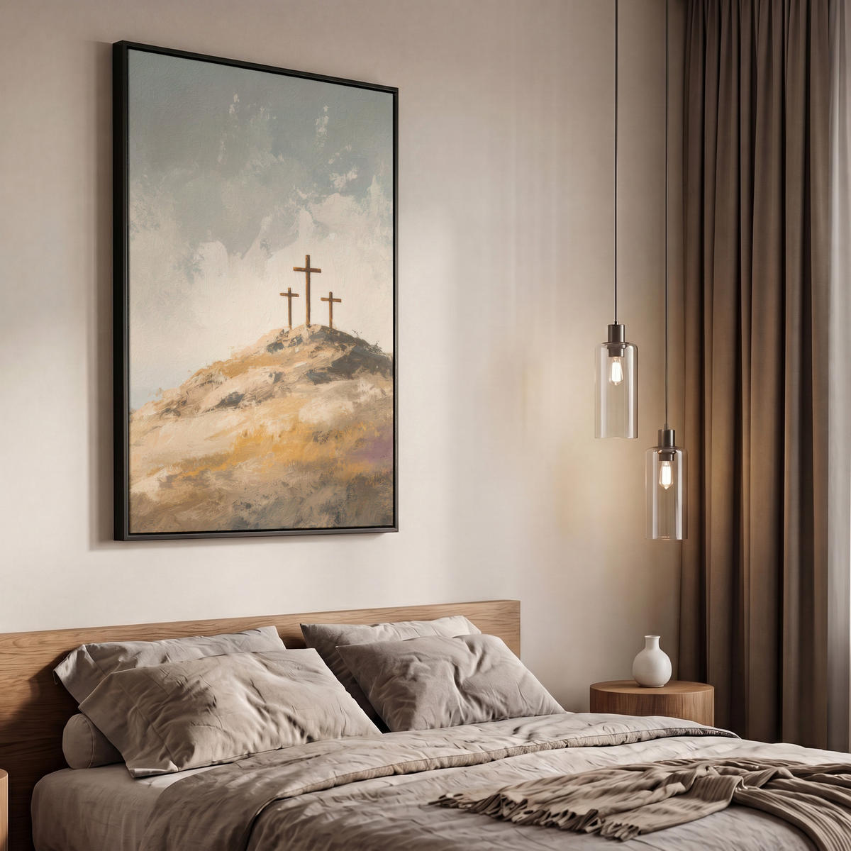 LEINWAND Bilder mit Rahmen - Hügel - Abstrakt - Christentum - Kreuz - 60x90 - Hellgrau, Textil (60/90cm) - MuchoWow