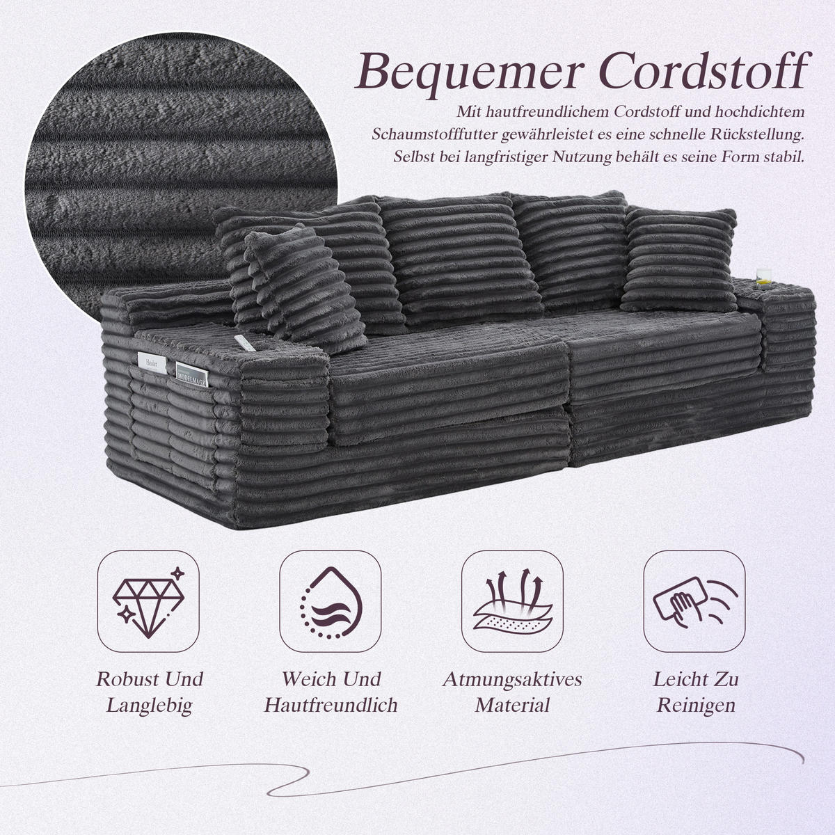 SCHLAFSOFA aus Cord mit Getränkehaltern und Kissen, Dunkelgrau - Dunkelgrau, Textil (107.48/34.25/38.58cm)