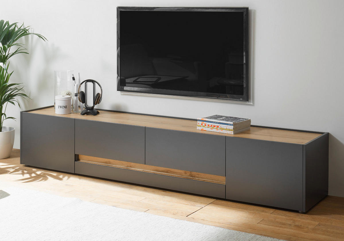 TV-LOWBOARD grau matt, Eiche Wotan 223 cm, TV Unterteil mit viel Stauraum - Eiche Wotan/Schwarz, Holzwerkstoff/Kunststoff (223/40/45cm) - Furn.Design