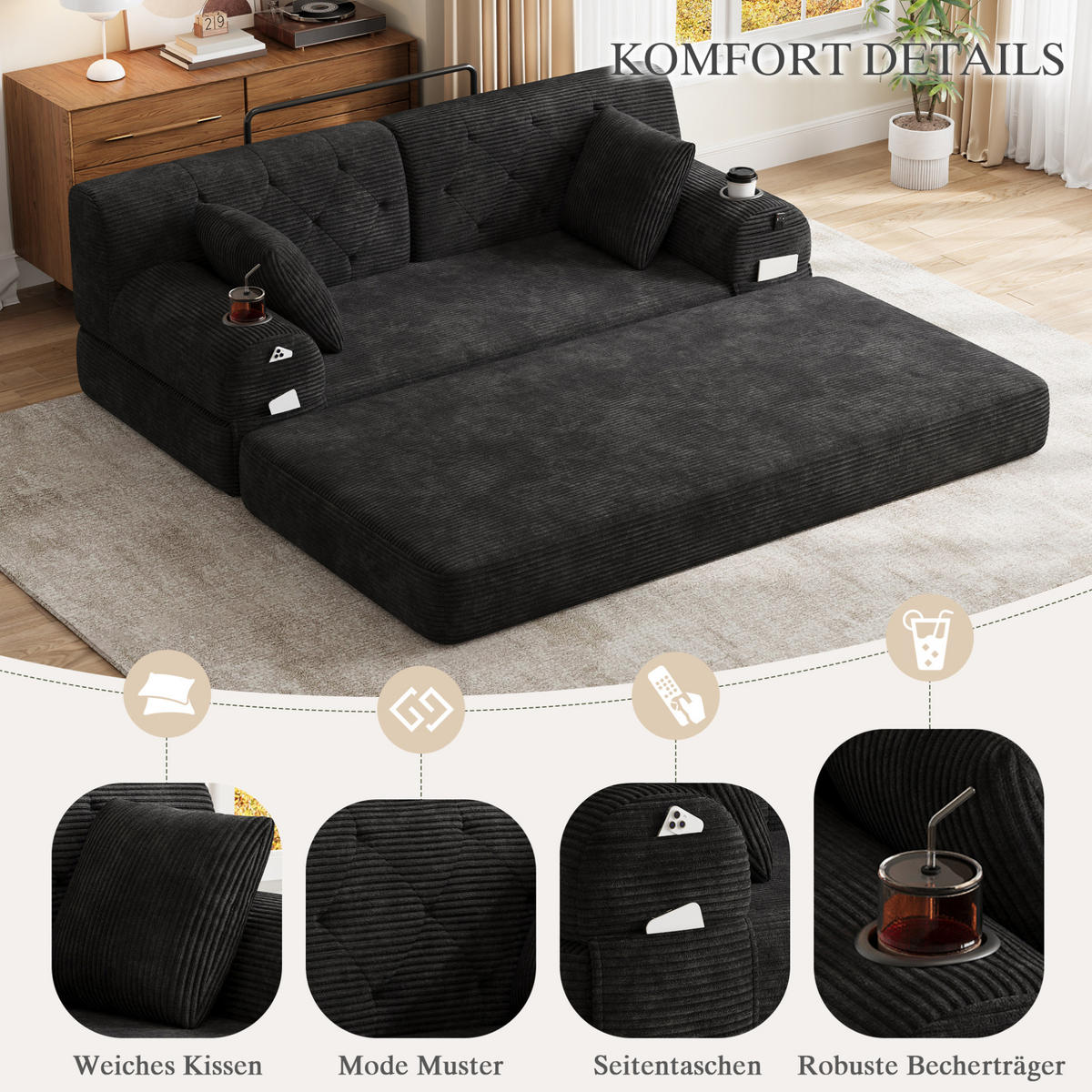 SCHLAFSOFA mit hoher Rückenlehne 168 x 80 x 81 cm Schwarz - Schwarz, Kunststoff (80/81/168cm) - Meubliv