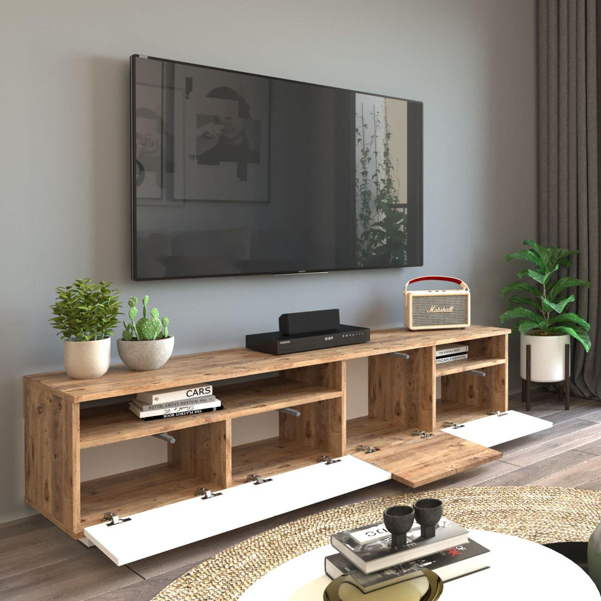 TV-MÖBEL mit 4 Türen - L180 cm - Weiß, Holz/Holzwerkstoff (44.5/44.6/180cm) - Calicosy