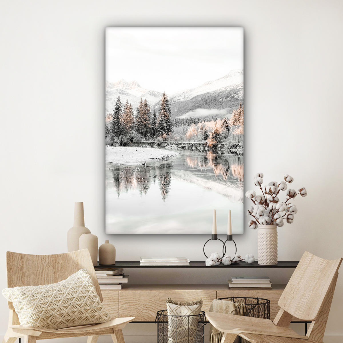 LEINWANDBILD Natur - Winter - Bäume - Berge - Schnee 90x140 cm - Weiß Hochglanz, Textil (90/140cm) - MuchoWow