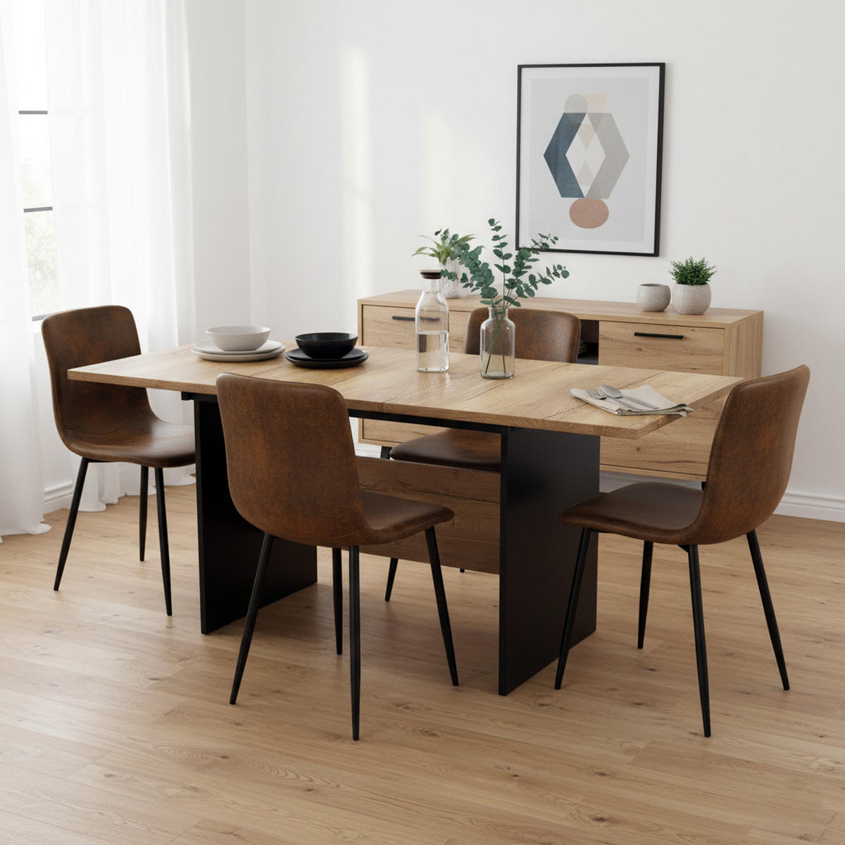 TISCHGRUPPE 5-teilig Ausziehtisch 140–180 cm Eiche-Optik & 4 Stühle Vintage-Braun - Schwarz/Eiche San Remo, Holzwerkstoff/Textil (180/75/80cm) - Urban Meuble