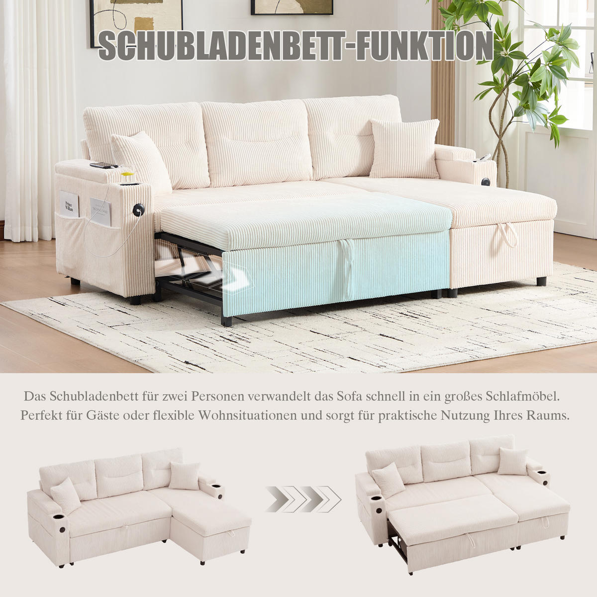 ECKSCHLAFSOFA 3-Sitzer Cord mit Stauraum USB-Anschluss und Becherhalter Beige 212,5/136/86 cm - Beige, Textil (136/212.5cm) - Redom