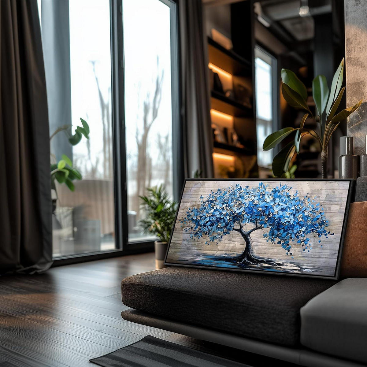 LEINWANDBILD Blühender Baum Schwarz 120 x 60 cm - Blau, Papier (60/0.5cm)