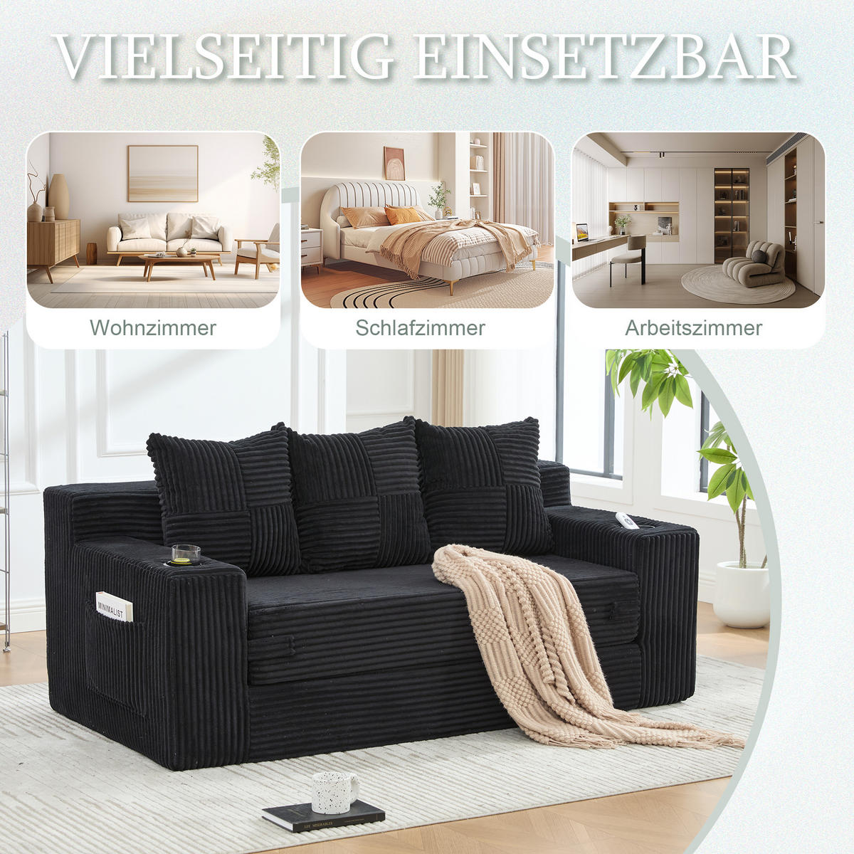 2-SITZER Bodensofa ausklappbar, Getränkehalter/Seitentaschen, Cord, Schwarz - Schwarz, Textil (172/64/87cm) - LVHOM
