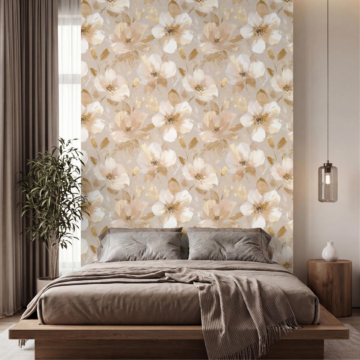 TAPETE - Blumen - künstlerisch - Gold - 180x280 cm - Beige, Papier (180/280cm) - OnlyWow