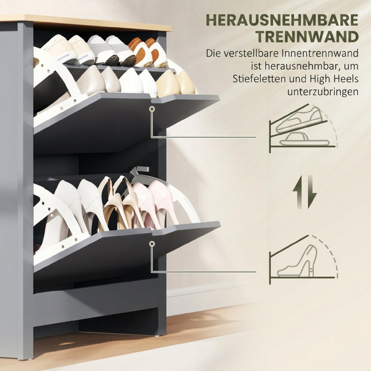 SCHUHKIPPER DE-37985 72/26/80 cm mit 2 Klappfächern Dunkelgrau - Dunkelgrau, Holzwerkstoff (72/80/26cm) - ComfortXL