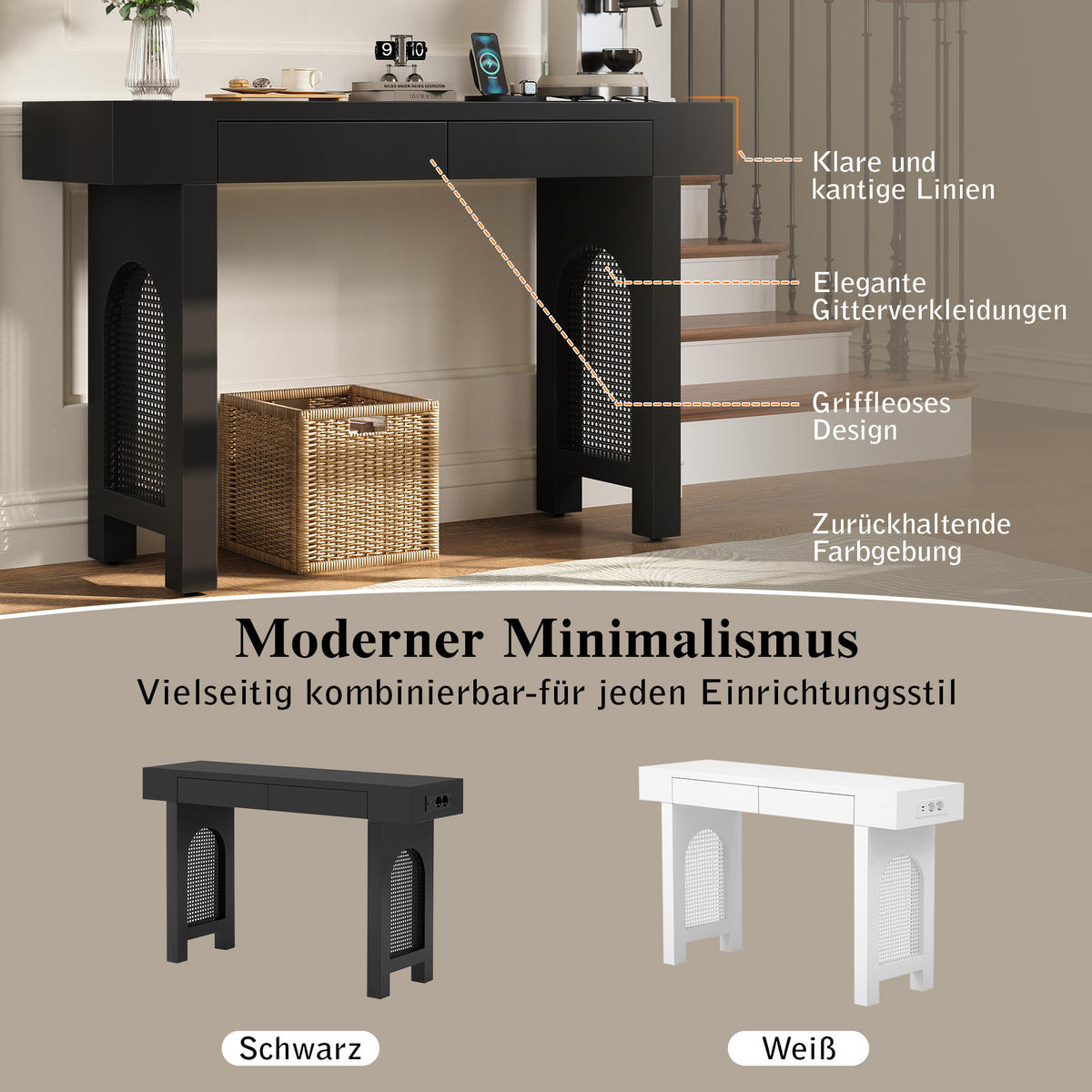 KONSOLENTISCH 120/35,5/76,5 cm schwarz aus MDF mit 2 Schubladen und Steckdosenleiste - Schwarz, Holzwerkstoff (120/35.5/76.5cm) - OKWISH