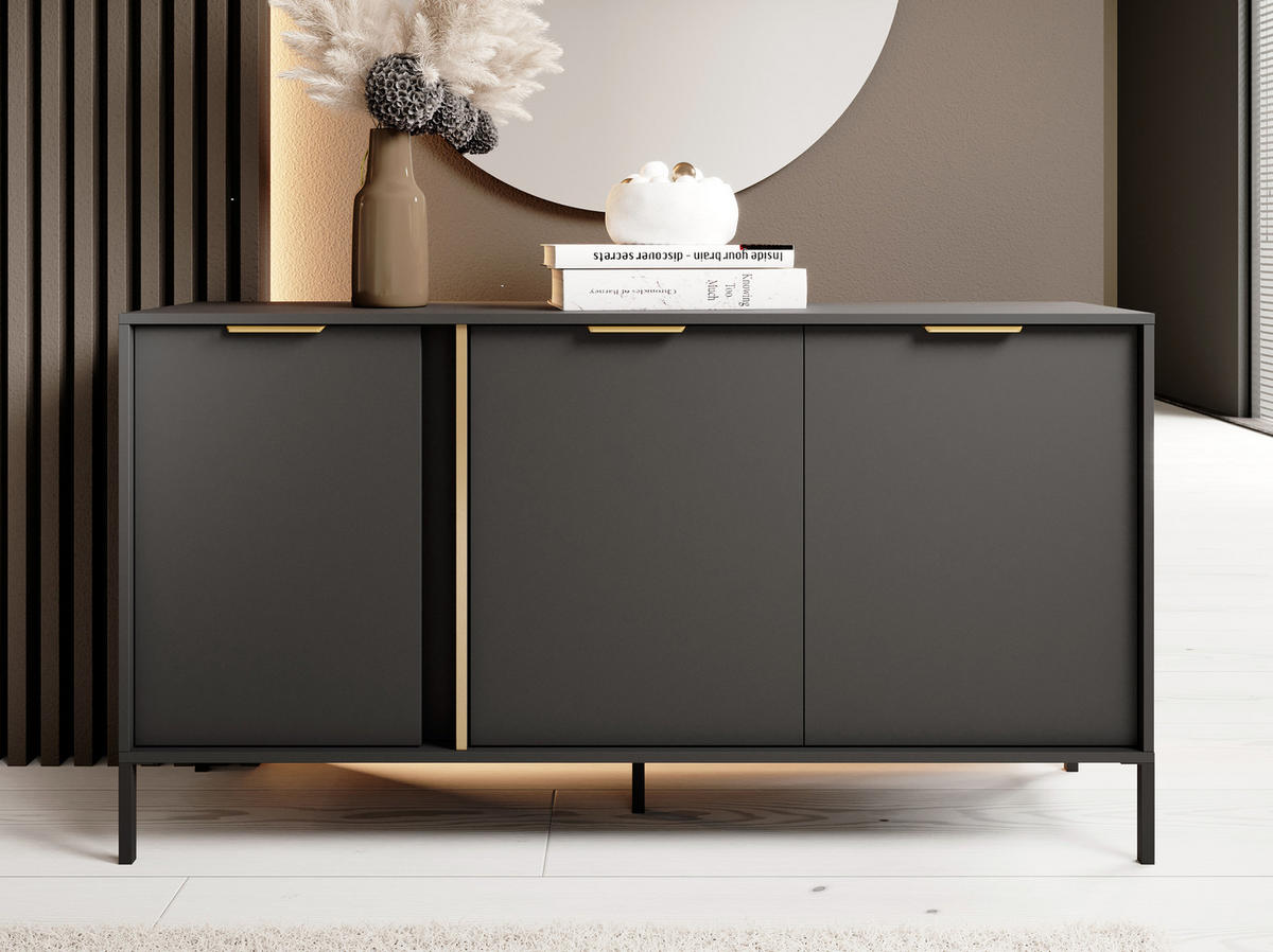 SIDEBOARD Catanian 3T Grau 153,1/81,4/39,5 cm – mit goldenen Griffen und schwarzen Beinen - Schwarz/Grau, Holzwerkstoff/Metall (153.1/81.4/39.5cm) - AX Living