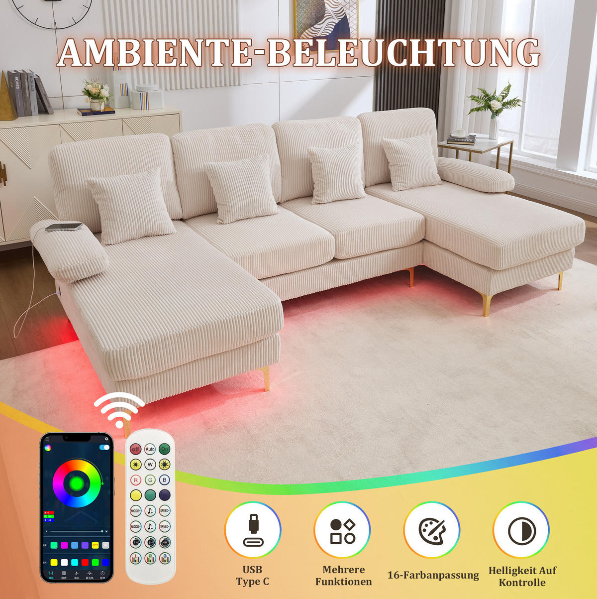 WOHNLANDSCHAFT 265/135/88 cm in Beige mit LED-Beleuchtung und USB-Anschluss - Beige, Textil (135/88/265cm) - Flora Grace