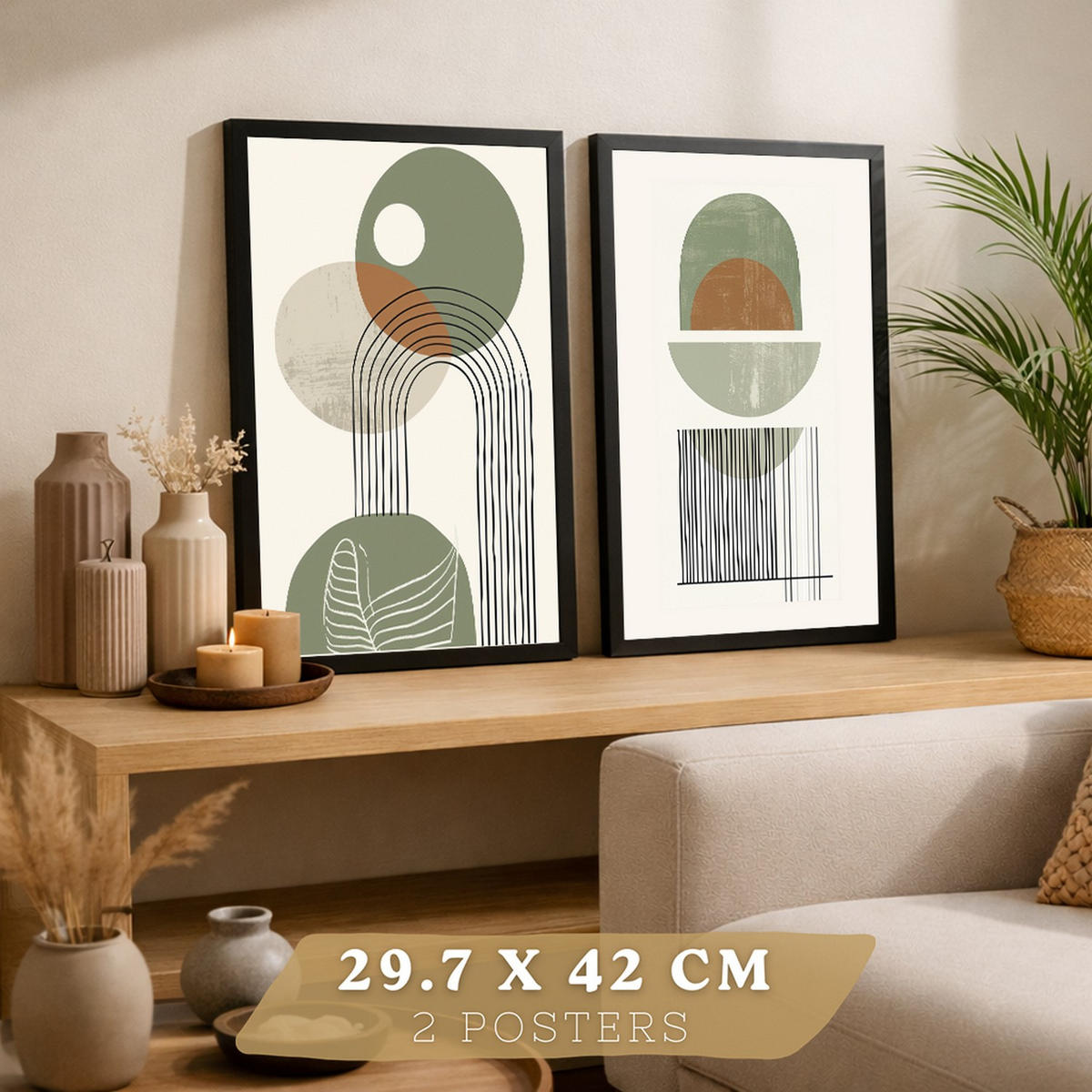 PLAKAT Sada 2 Zelené tvary A3 Černý rám - černá, papír (29.7/1/42cm) - Nacnic