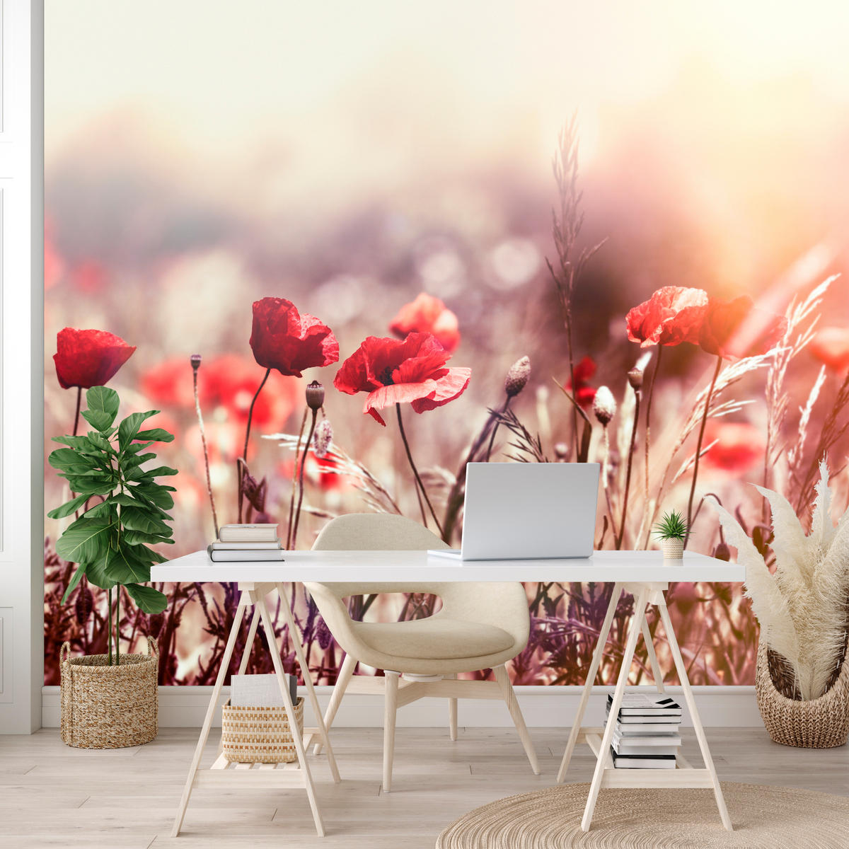 FOTOTAPETA Pre Jedáleň Poľné Kvety Červená Maková Lúka Slnko 500 x 350 cm - oranžová/hnedá, papier (500/350cm) - Muralo
