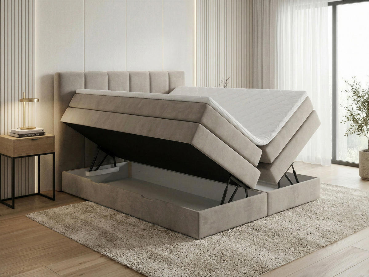 BOXSPRINGBETT Star Max - 160x200 - beige (Paros 05, Velours) - Beige/Schwarz, Holz/Holzwerkstoff (160/200cm) - Sofnet