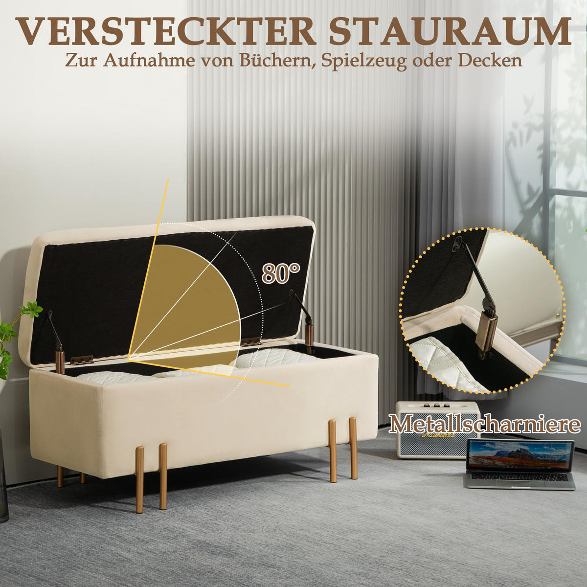 POLSTERBANK Mit Stauraum DE-07135 Metall & Kautschukholz, bis 220 kg Beige - Beige, Holz/Textil (40/42/100cm) - ComfortXL