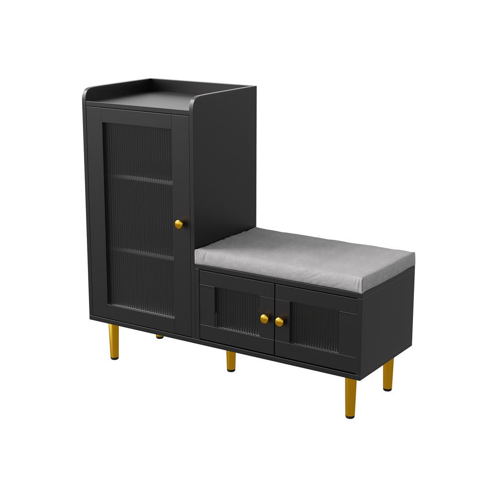 SCHUHSCHRANK mit integrierter Sitzbank - Mehrzweck-Schuhschrank mit geriffelten Glastüren und Sitzkissen - Schwarz und Gold - Schwarz, Holzwerkstoff (35/69.5/100cm) - DELFA