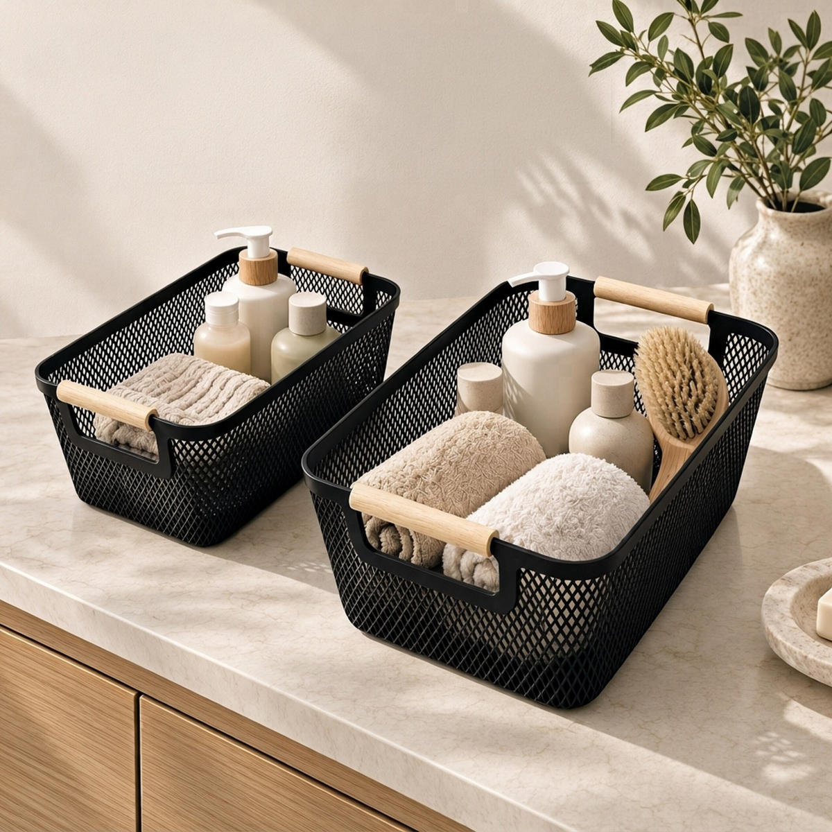 FÖRVARINGSKORG Svart 6-pack plast trähandtag storlek S - Svart, Trä/Plast (17.5/28.5/14cm) - Relaxdays
