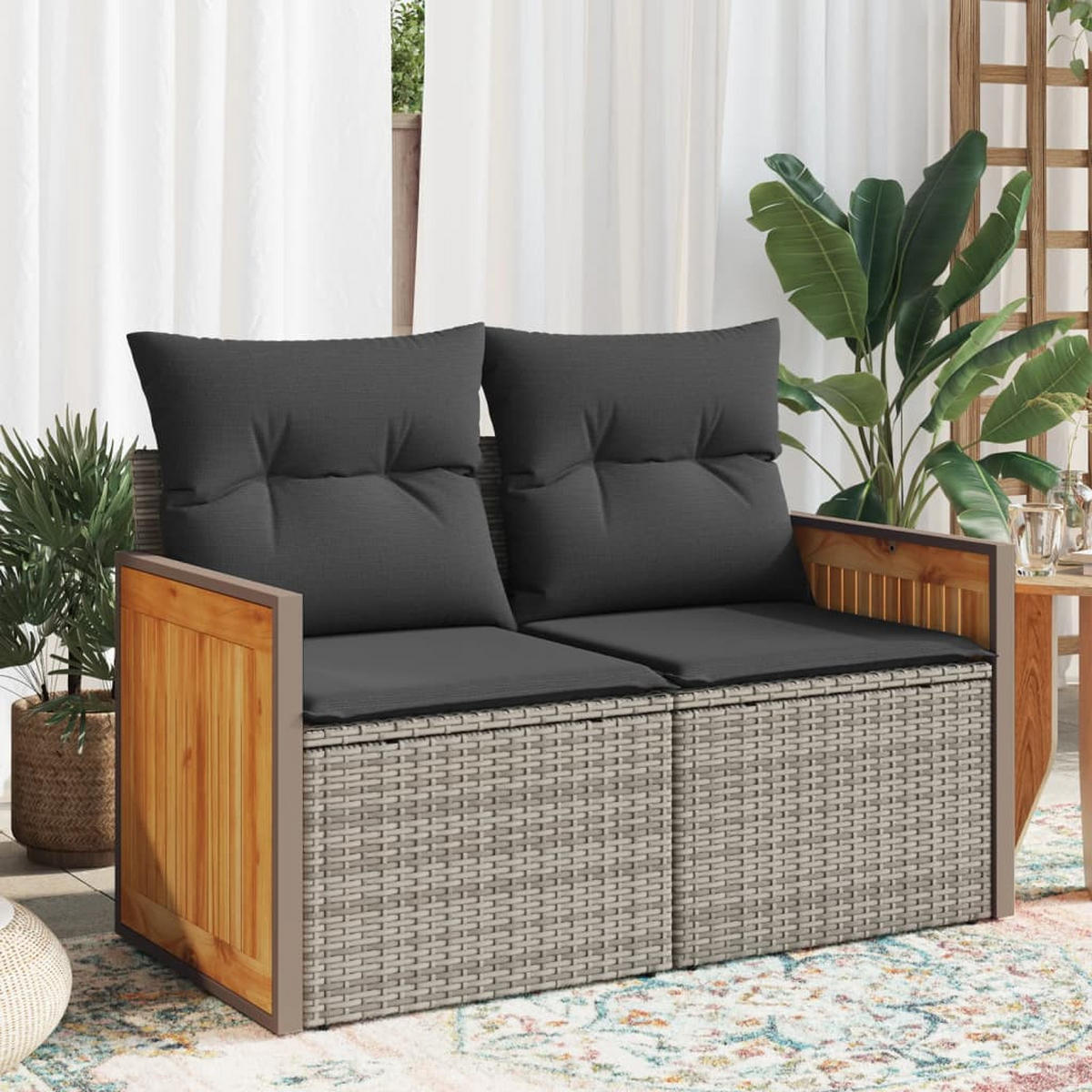 GARTENSOFA 2-Sitzer Mit Kissen Grau Poly Rattan - Grau, Kunststoff (118/69/62cm) - vidaXL