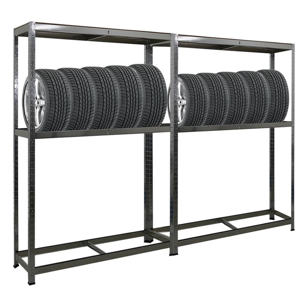 REIFENREGAL Ragnar 2er-Set mit 2x 180x120x40 cm bis zu 8 Reifen auf 2 Ebenen + Ablage 265 kg Fachlast Verzinkt - Silberfarben, Metall (240/180/40cm) - PROREGAL