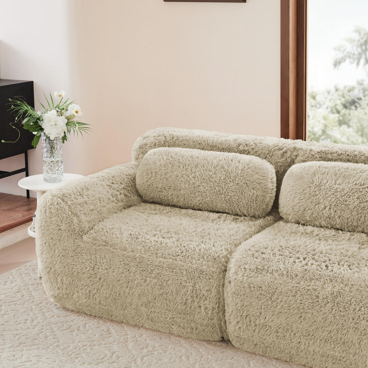 ECKSOFA modular mit rutschfester Basis Plüsch Hellkhaki - Beige, Kunststoff (104/73/291cm) - Meubliv