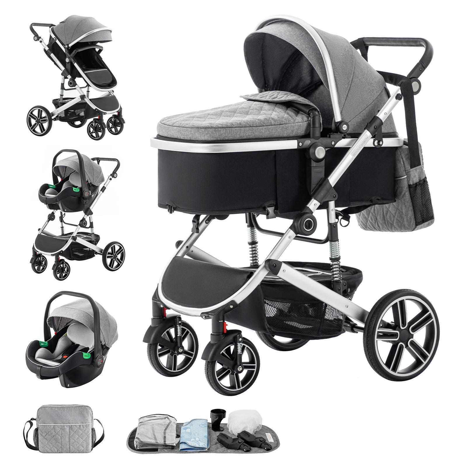 KINDERWAGENSET mit hoher Landschaft, verstellbarer Griff, Moskitonetz, Aluminiumrahmen, SK21-GRAU - Grau, Metall (80/60cm) - Kaket