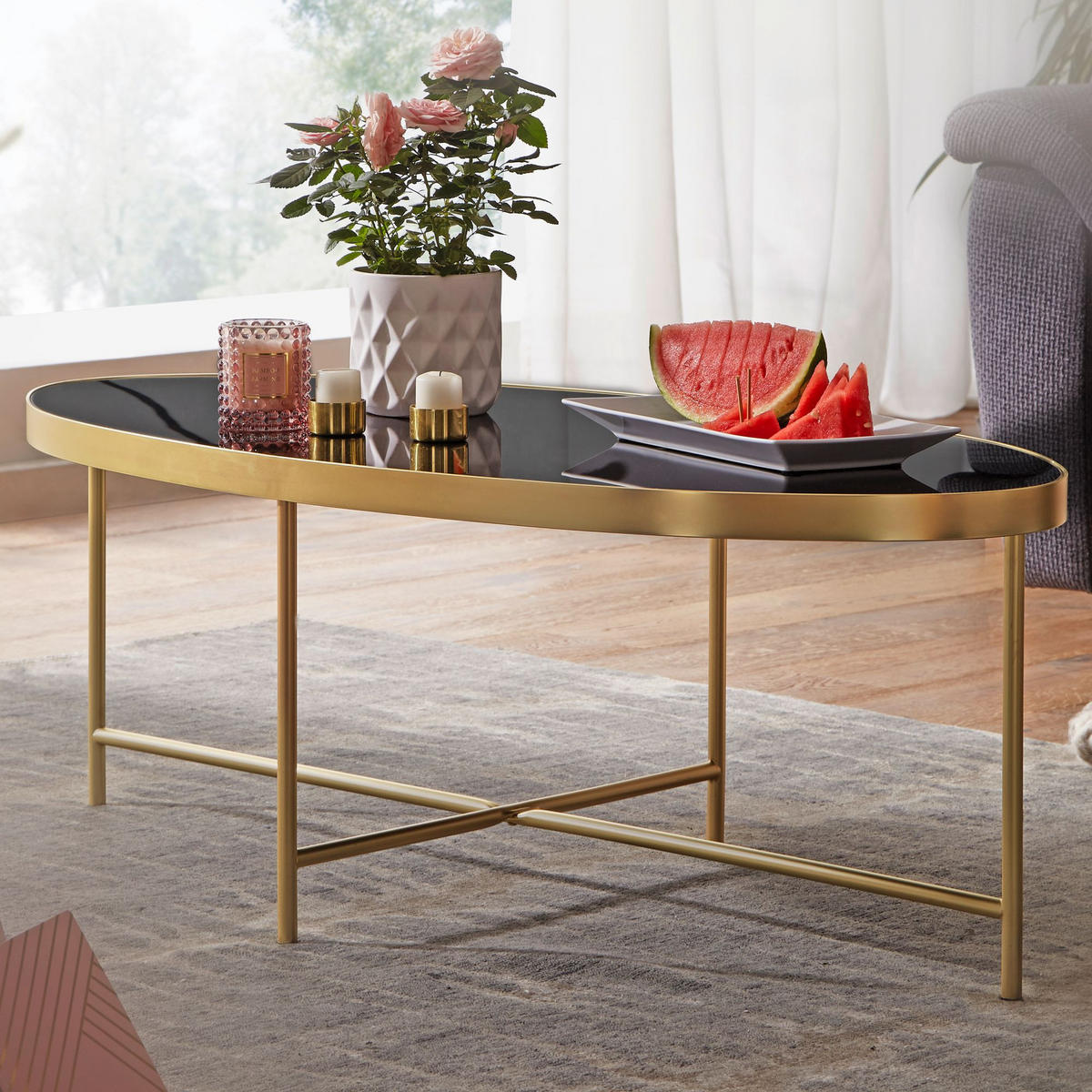 COUCHTISCH Oval in Schwarz/Gold, Glasplatte mit filigranem Metallgestell, Maße 110x56 cm - Goldfarben, Glas/Metall (56/110/40cm) - KADIMA DESIGN