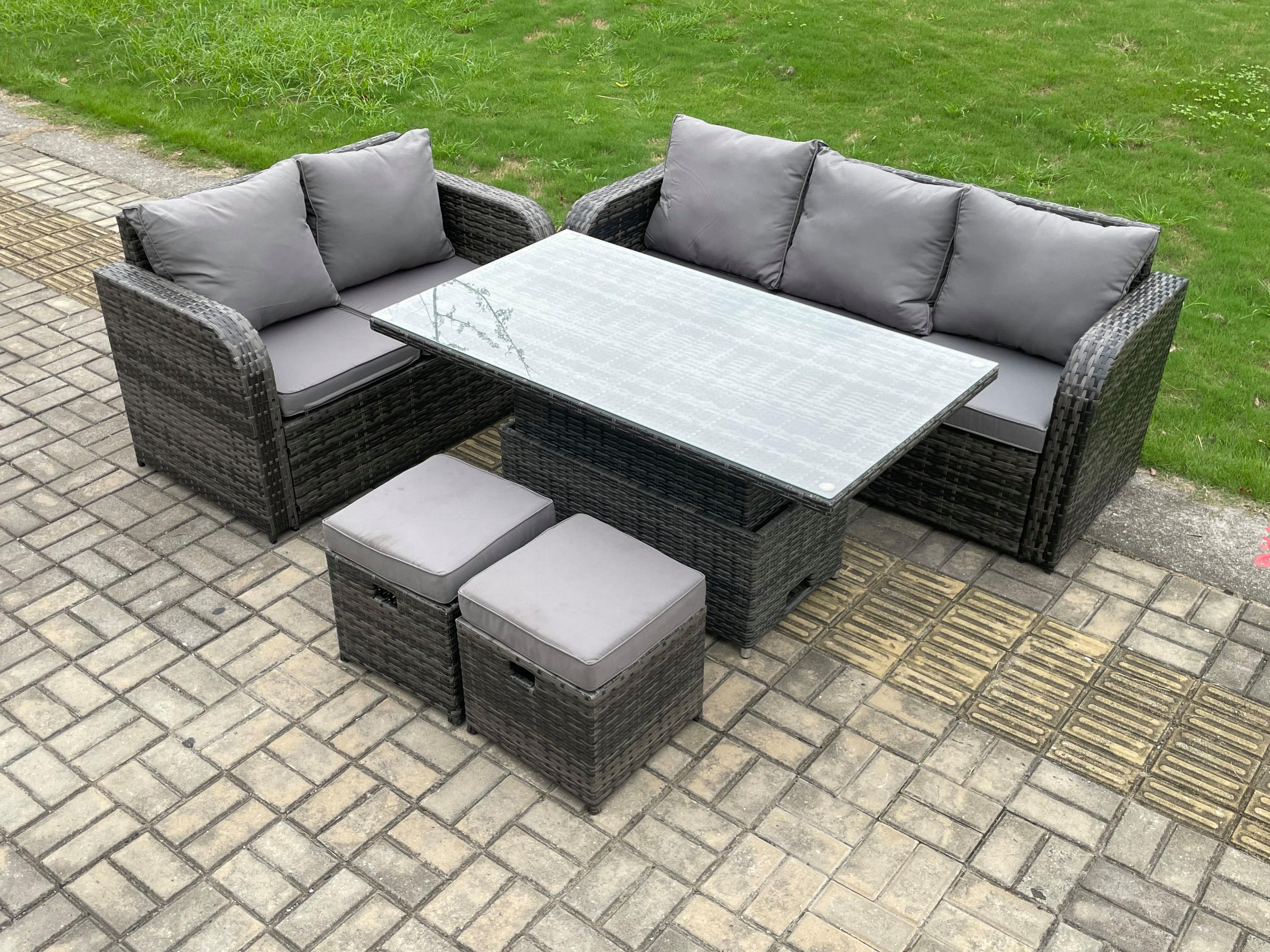 GARTENSET Polyrattan 7-Sitzer - Dunkelgrau/Grau, Glas/Kunststoff - Fimous