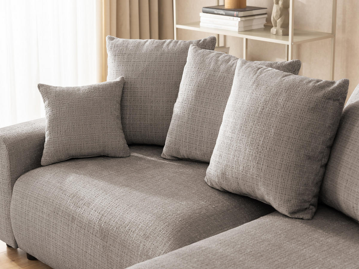 ECKSOFA Calma mit Schlaffunktion und Bettkasten im Bumpy-Design aus weichem Taupe Chenille-Stoff - Ottomane rechts - Taupe/Beige, Holz/Kunststoff (239/140cm) - S-Style Möbel