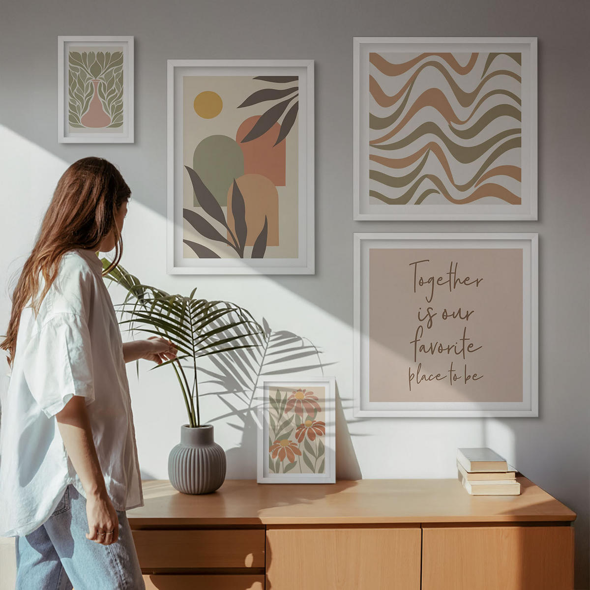 WANDBILDER 5er-Set - 50x50 cm & 20x30 cm & 40x60 cm Weißer Rahmen - Abstrakte Pastellblumen - Weiß, Kunststoff (40/60cm) - ArtPrintCave