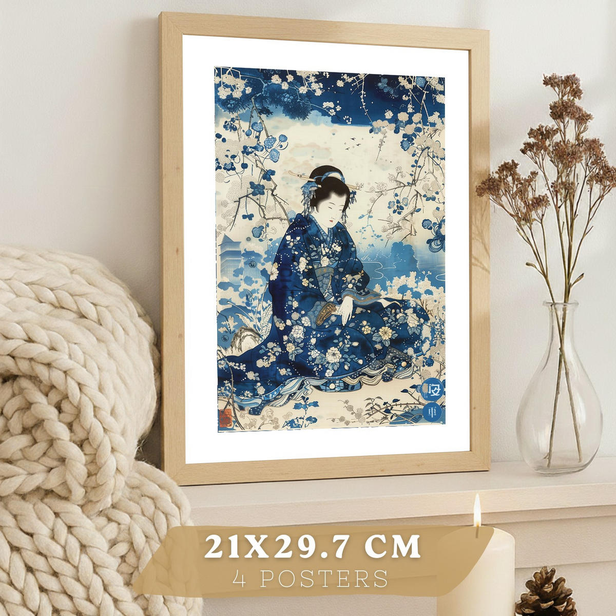 PLAKAT Sada 4 Japan Blue A4 bez rámu - čirá, papír (29.7/1/21cm) - Nacnic