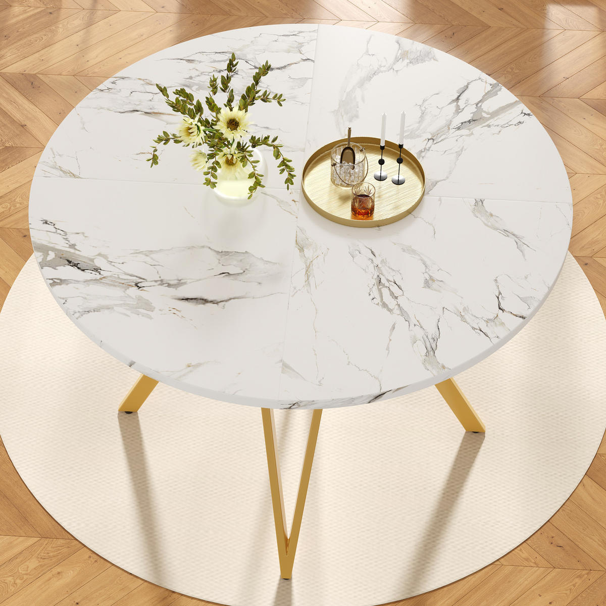 ESSTISCH 100x100x76 cm in Weiß und Gold aus MDF mit Marmoroptik auf goldenem Metallgestell - Goldfarben, Holzwerkstoff (100/100/76cm) - Modfu