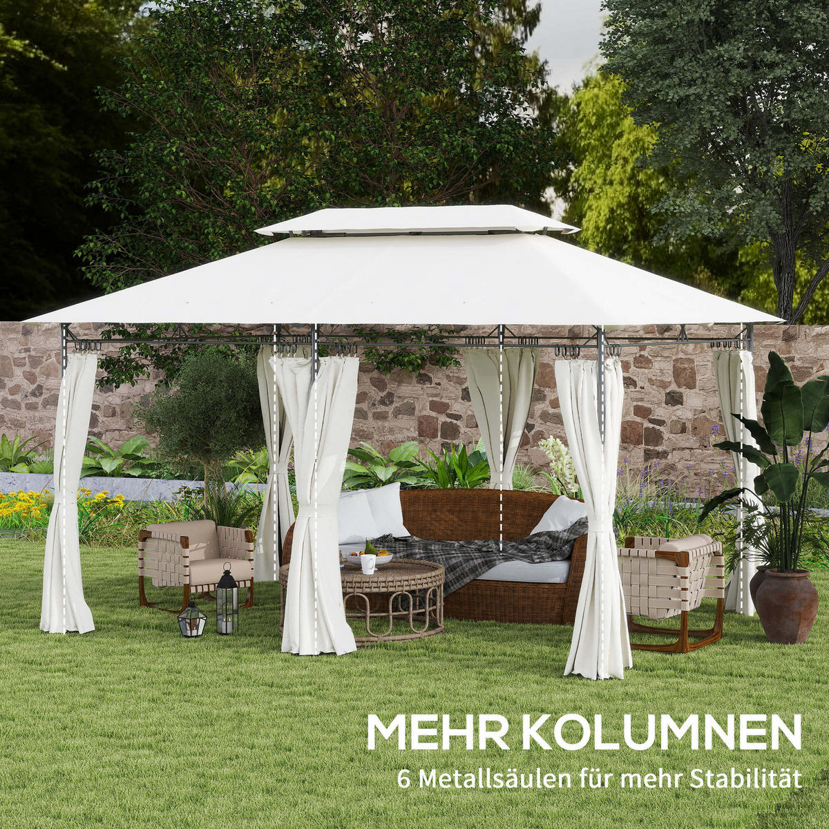 PAVILLON mit Doppeldach & 6 Seitenteile Cremeweiß - Creme, Textil/Metall (297/273/397cm) - Outsunny