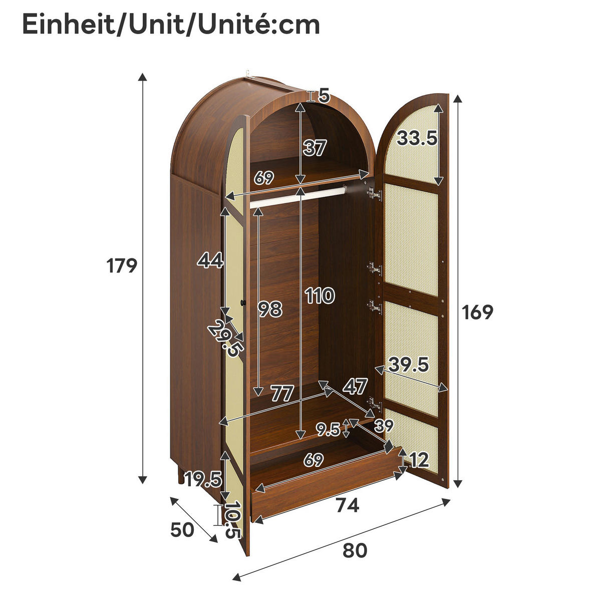 KLEIDERSCHRANK Gebogene Türen Stauraum Schubladen Modern - Walnussfarben, Holzwerkstoff (80/179/50cm) - FLIEKS