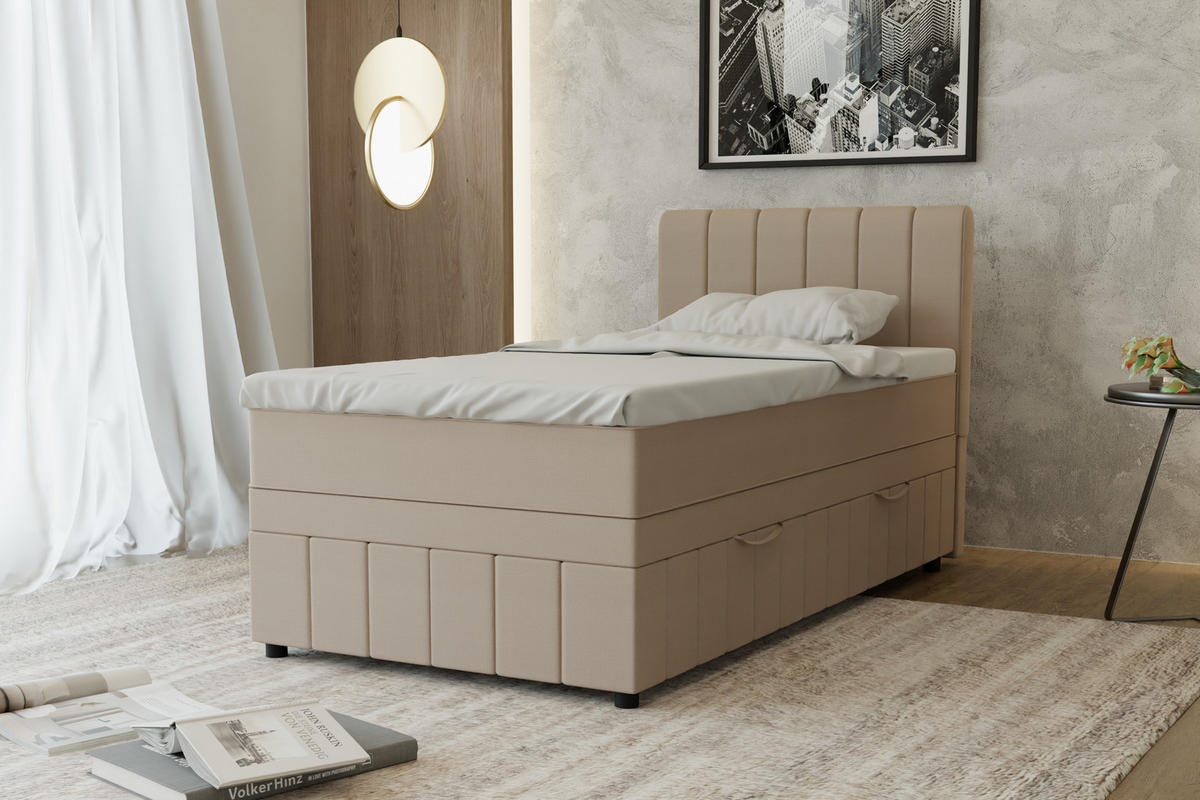 BOXBETT AVALON 100 x 200 cm mit Bettkasten und Topper - Beige - Beige, Holz - Panda Möbel