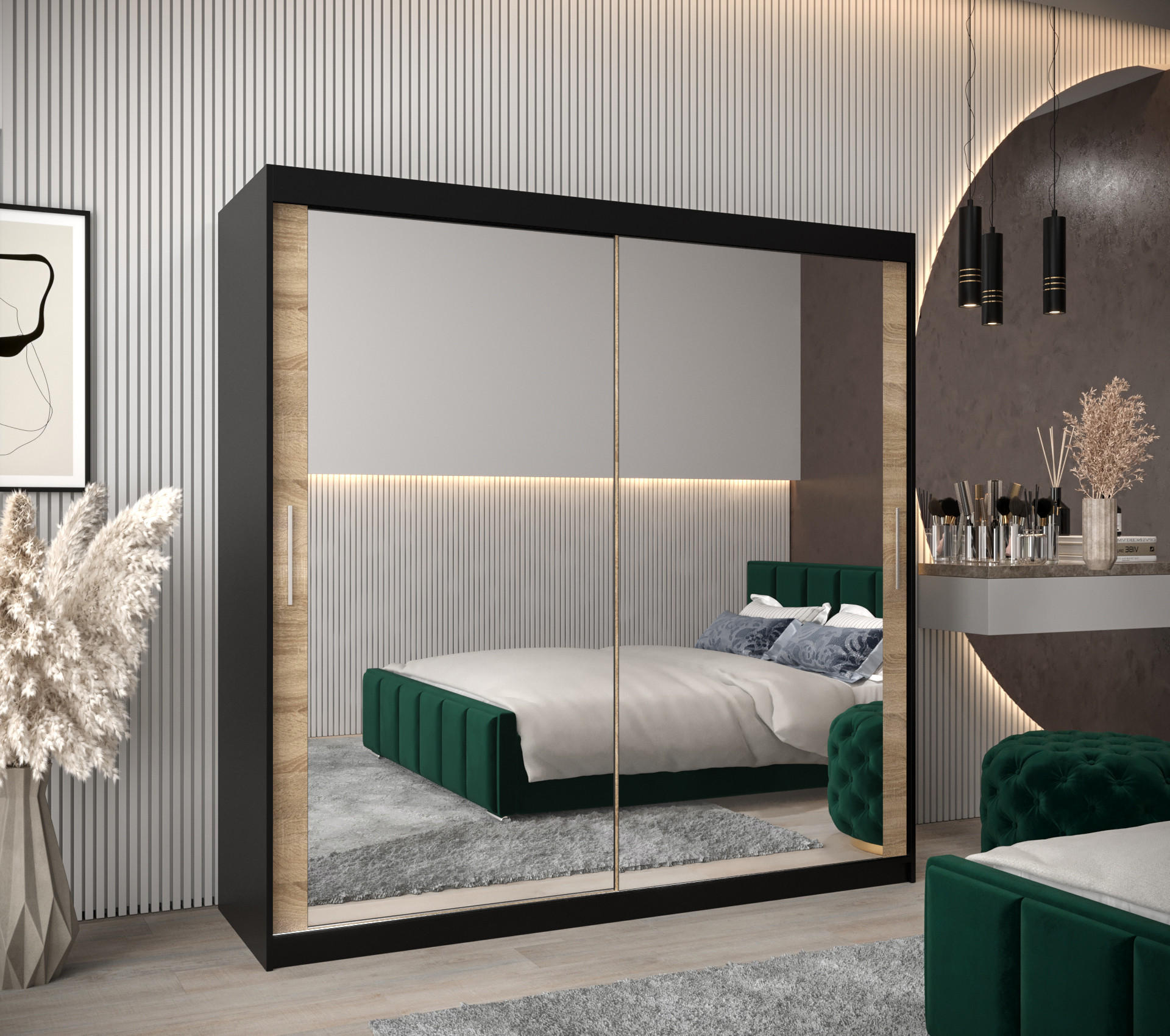 SCHWEBETÜRENSCHRANK 200/200/62 2-türig - Silberfarben/Schwarz, Holz/Kunststoff (200/200/62cm) - Abiks Möbel