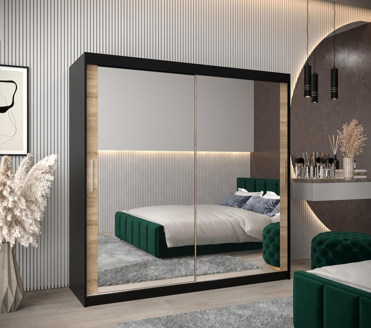 SCHWEBETÜRENSCHRANK 200/200/62 2-türig - Silberfarben/Schwarz, Holz/Kunststoff (200/200/62cm) - Abiks Möbel