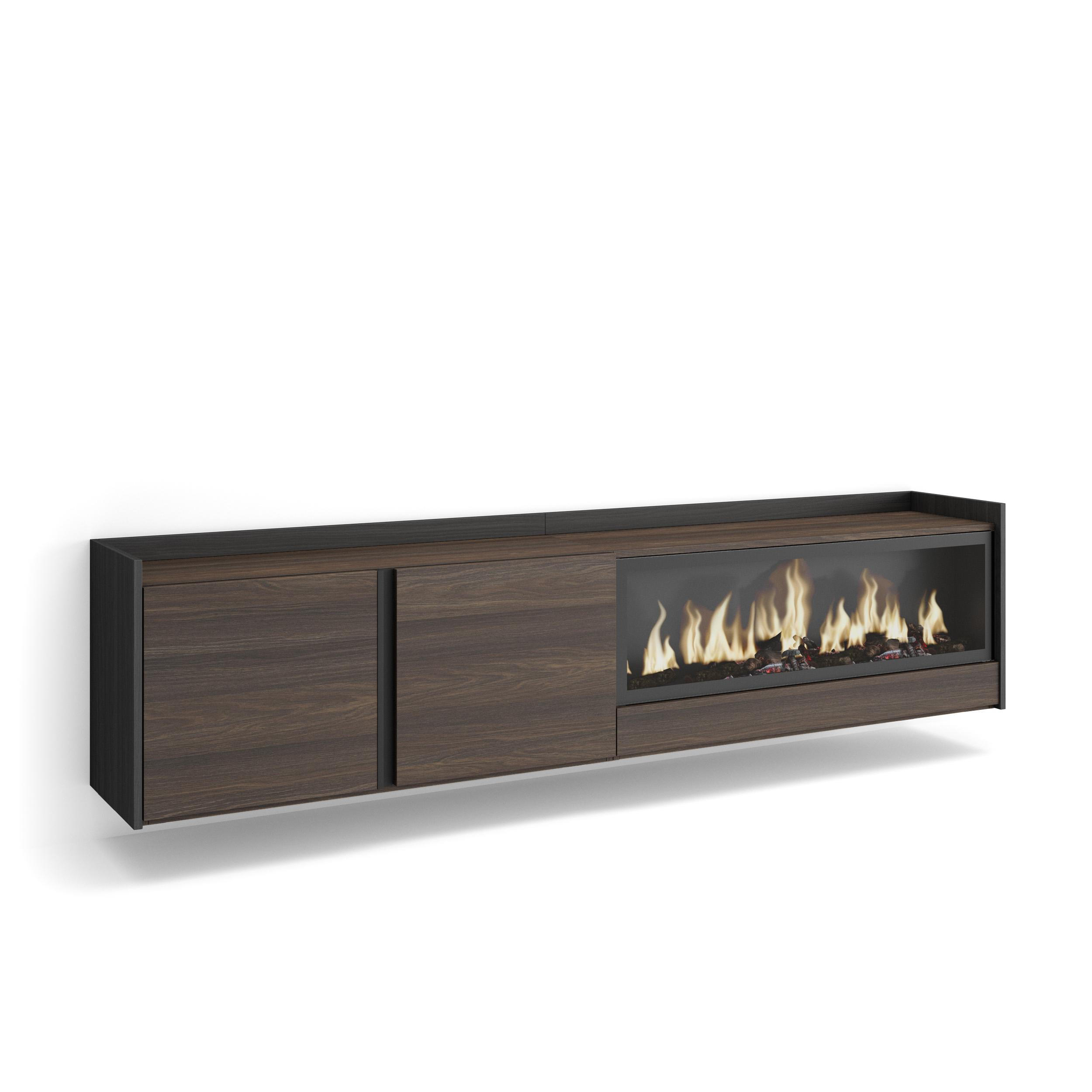 LOWBOARD, Eiche und Schwarz, 212/35/50cm, Kamin mit Feuereffekt XXL - Dunkelbraun, Holzwerkstoff (212/50/35cm) - Skraut Home