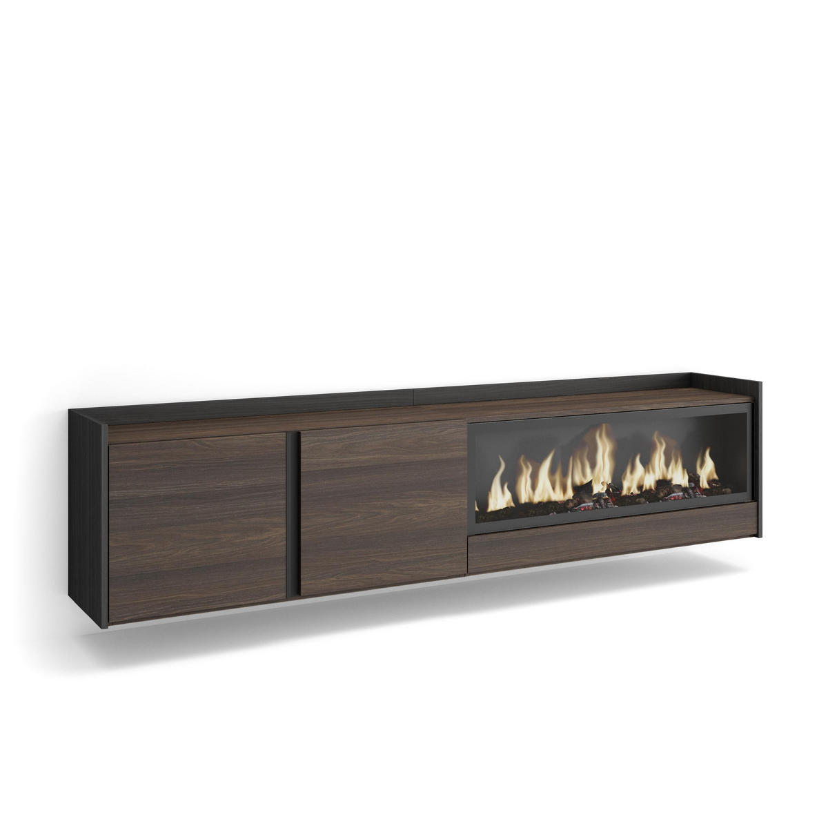 LOWBOARD, Eiche und Schwarz, 212/35/50cm, Kamin mit Feuereffekt XXL - Dunkelbraun, Holzwerkstoff (212/50/35cm) - Skraut Home