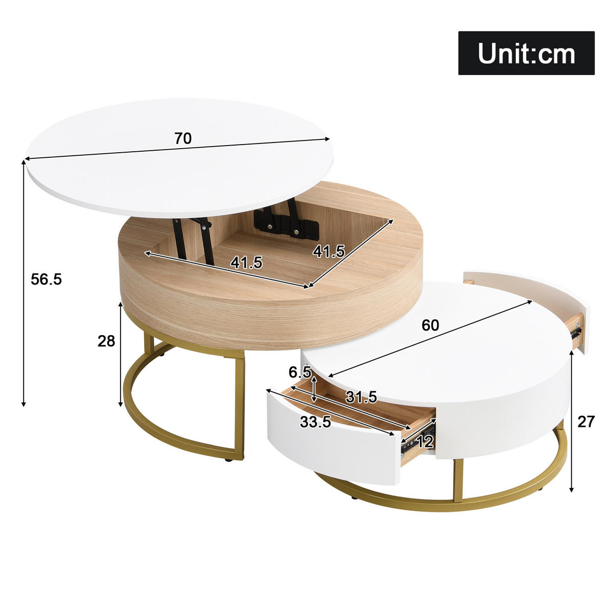 COUCHTISCH-SET aus MDF 70x70x56/60x60x27 cm Weiß und Gold mit höhenverstellbarer Platte, Schublade und Nestdesign - Weiß, Holzwerkstoff (70/70/56.5cm) - Modfu