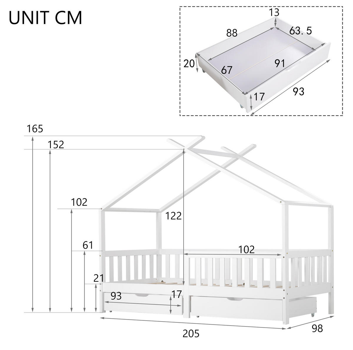HAUSBETT 90/200 cm in Weiß – mit Satteldach, Zaun und 2 Schubladen - Weiß, Holz (90/200cm) - BEAOK