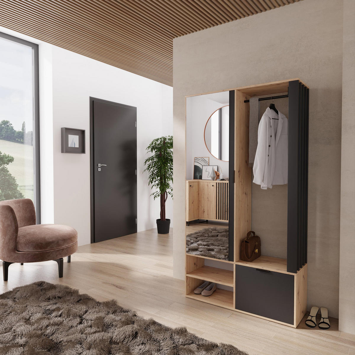 GARDEROBEN-SET Lena mit Spiegel, Sitzbank & Kleiderstange – 100/189/33 cm – Artisan Eiche/ Schwarz - Schwarz/Braun, Holzwerkstoff (100/189/33cm) - WFL GROUP