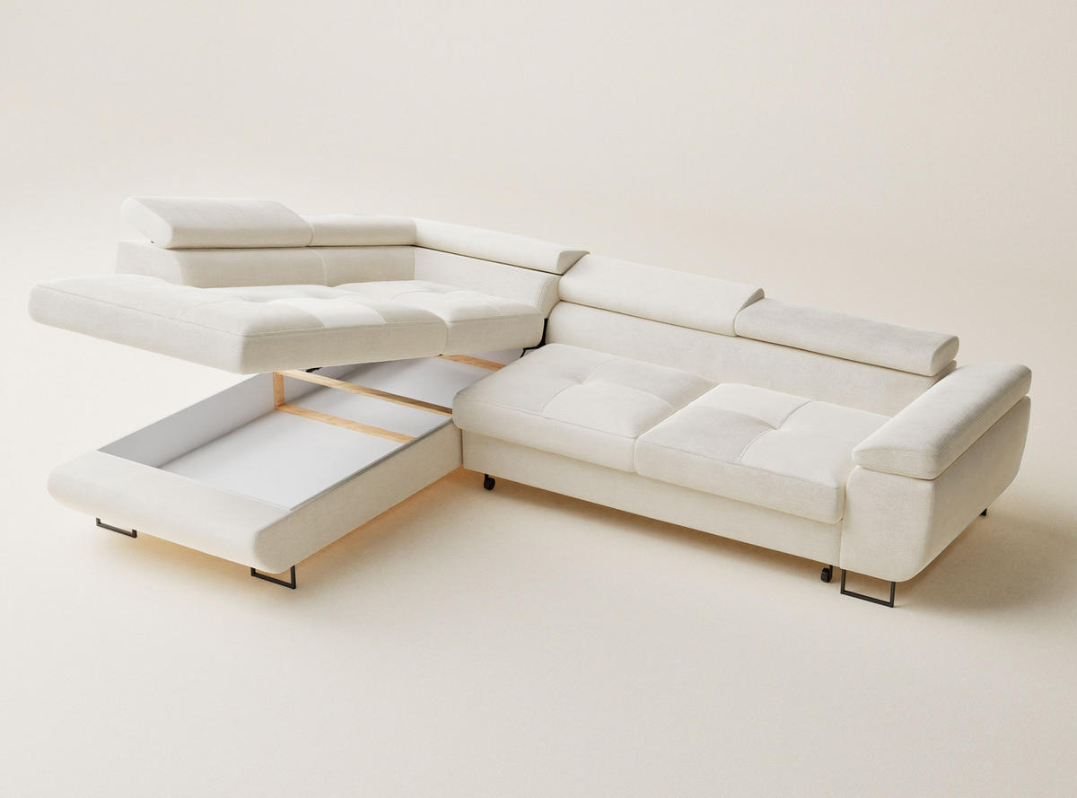 ECKSOFA Concord Creme Chenille-Stoff - Links Seite - Creme/Schwarz, Holz/Holzwerkstoff (203/277cm) - Maison de Reve