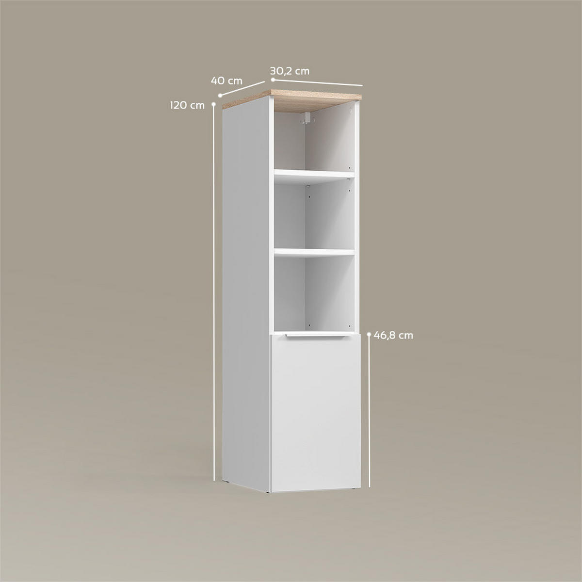 UNIVERSALSCHRANK Piave Weiß/Sonoma mit einer Tür - Weiß/Sonoma Eiche, Holzwerkstoff (30.2/120/40cm) - Livinity®