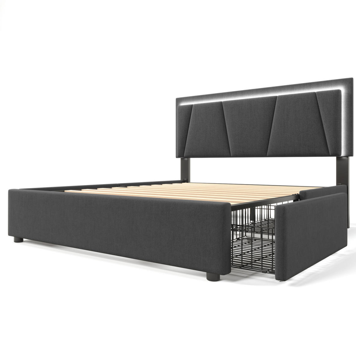 POLSTERBETT 160/200 cm grau aus Holz mit LED und 4 Schubladen - Grau, Holzwerkstoff (160/200cm) - OKWISH