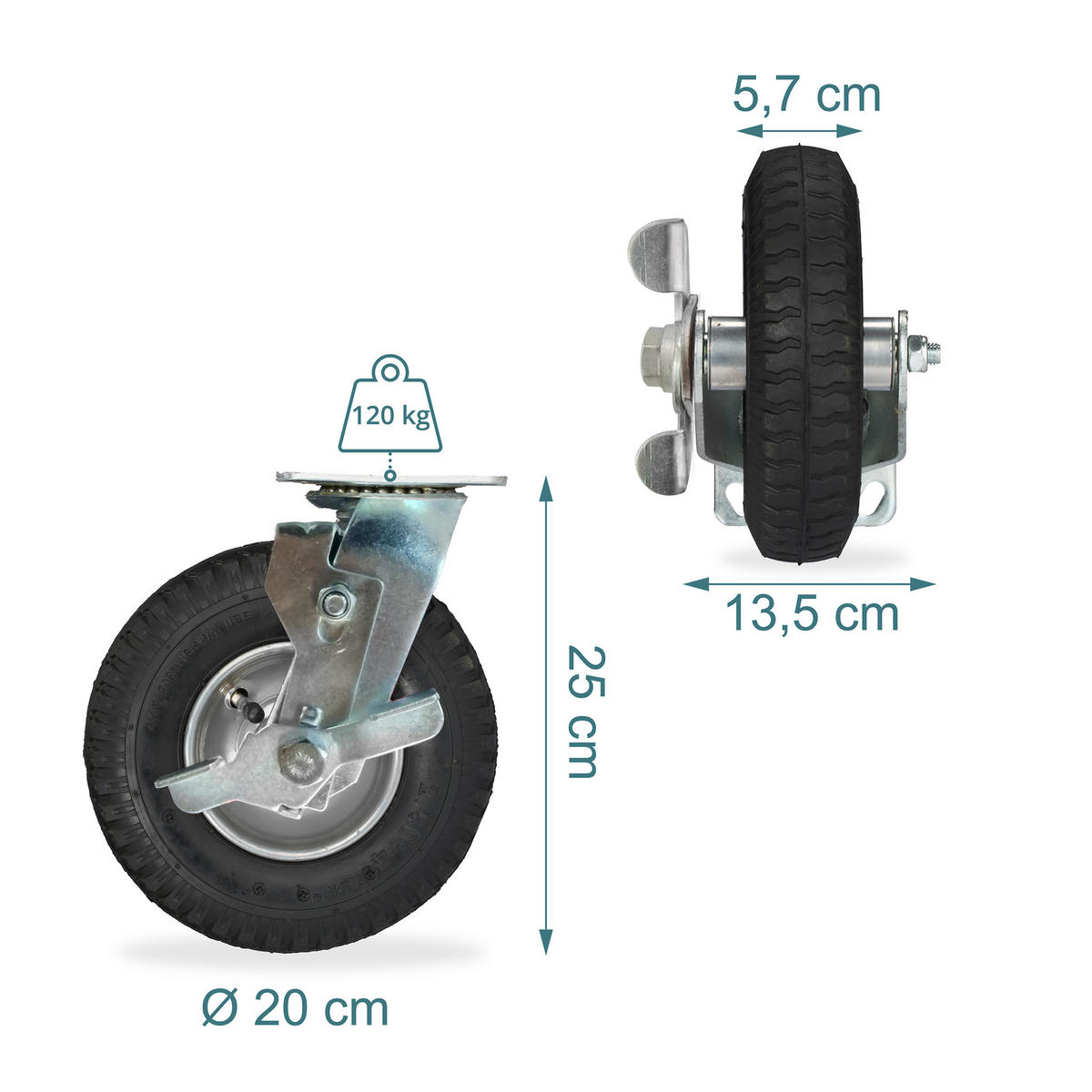 POJEZDOVÉ KOLO Černá Stříbrná pneumatické s brzdou 120 kg - různobarevná, kov/plast (13.5/25/20cm) - Relaxdays