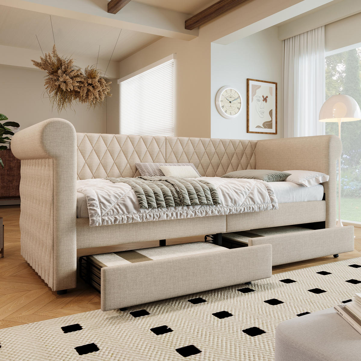 TAGESBETT 90/200 cm DE-00616, in Beige, 2 Schubladen - Beige, Metall (90/200cm) - ComfortXL