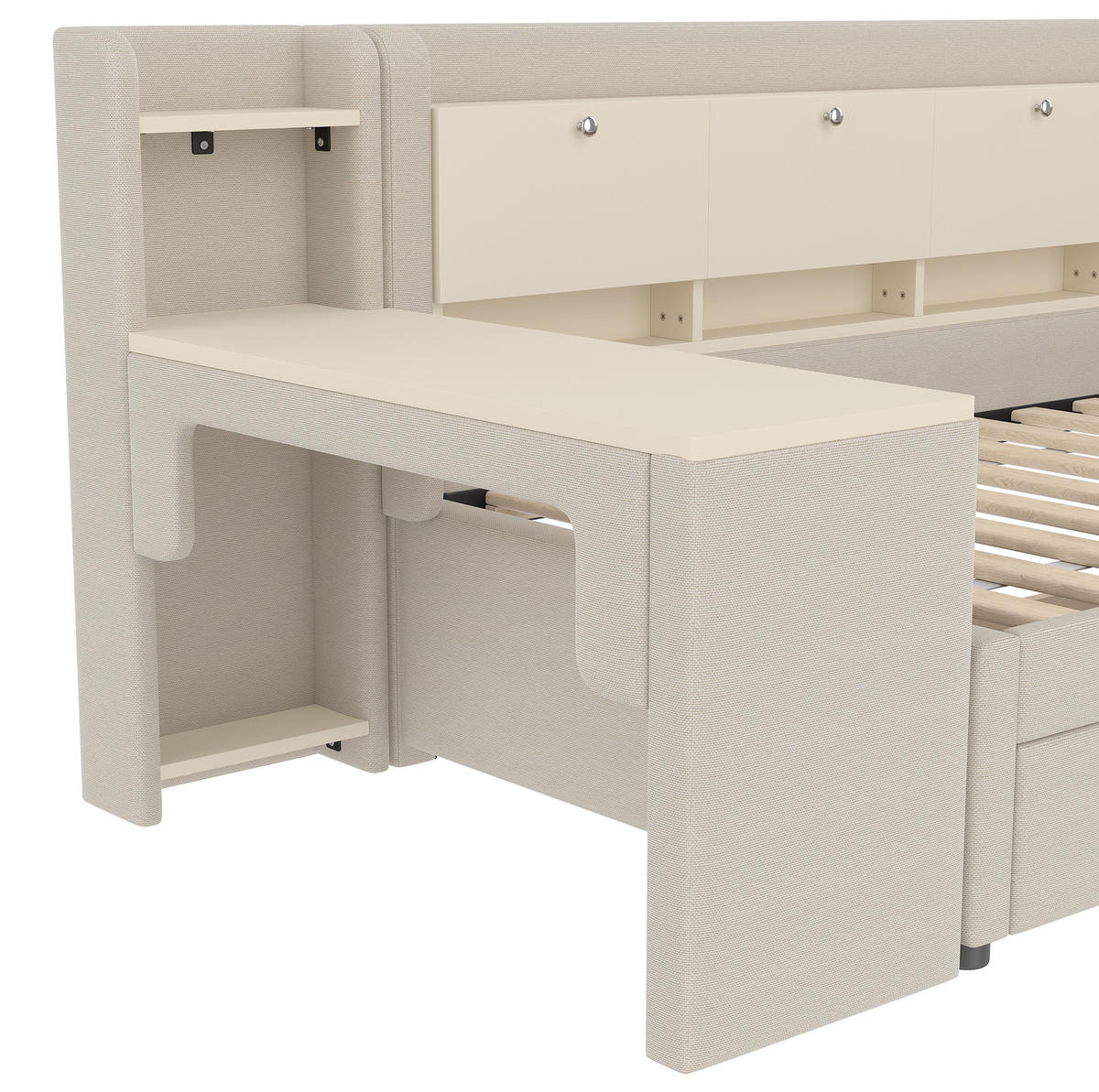 POLSTERBETT aus Leinen 90x200 cm in Beige mit Schreibtisch & 2 Schubladen - Beige, Textil (90/200cm) - Modfu