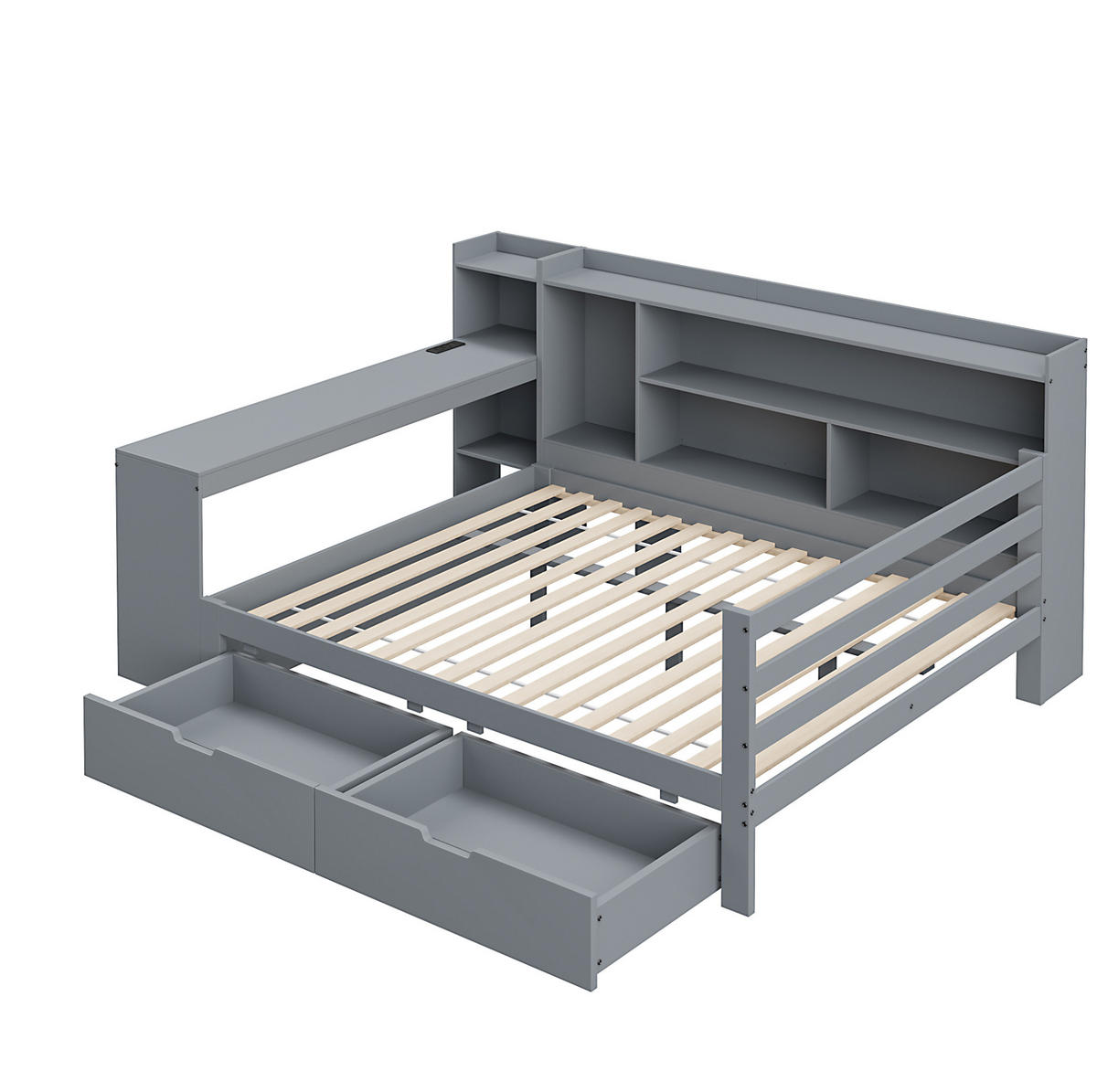 BETT aus Massivholz 140/200 cm mit Schreibtisch und Regalen grau - Grau, Holz (140/200cm) - OKWISH